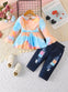 A Young Girl'S Round-Neck Long-Sleeve Top Paired with Print Faux Denim Pants, for Outdoor FD6402A